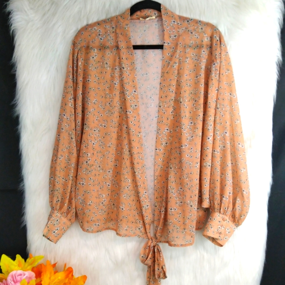Kori America Peach Tan Floral Print Long Sleeve Front Tie Cropped Shirt Size S - Picture 2 of 9